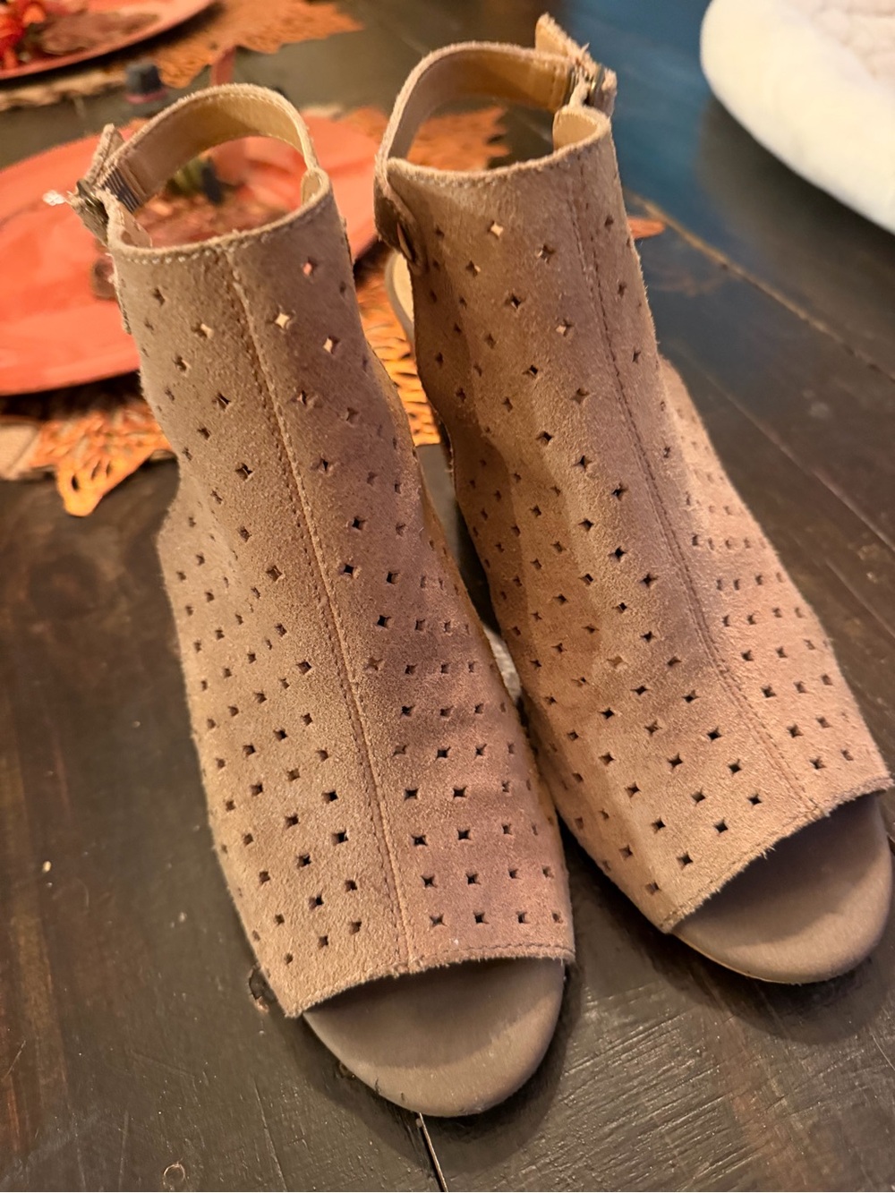 Lucky Brand Open-Toe Perforated Genuine-Suede Ankle Booties - Taupe